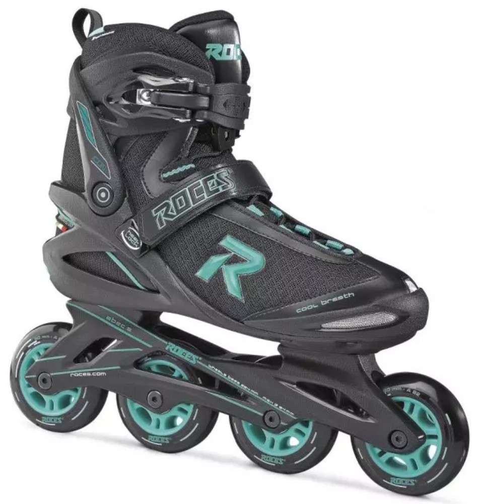 Roces fitness inline skate with four 80 mm wheels in colours black and aqua and with the name Icon W 80